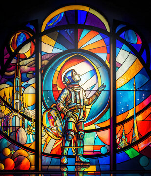 Astronaute sur vitrail, repr&eacute;sentation de la conqu&ecirc;te de l'espace. Fresque futuriste spatiale sur vitraux color&eacute;s traditionnels. IA g&eacute;n&eacute;rative.