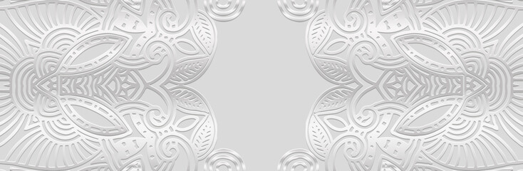 Banner, cover design. Embossed geometric festive abstract 3d pattern on a white background. Ethnic boho, current handmade themes of the peoples of the East, Asia, India, Mexico, Aztecs, Peru. 