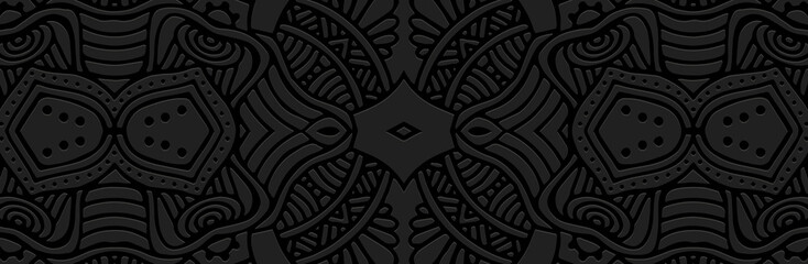 Banner, cover design. Embossed geometric vintage trendy 3d pattern on black background. Ethnic boho, current handmade themes of the peoples of the East, Asia, India, Mexico, Aztecs, Peru.