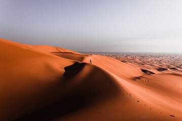 man walking on top of a huge desert dune - obrazy, fototapety, plakaty