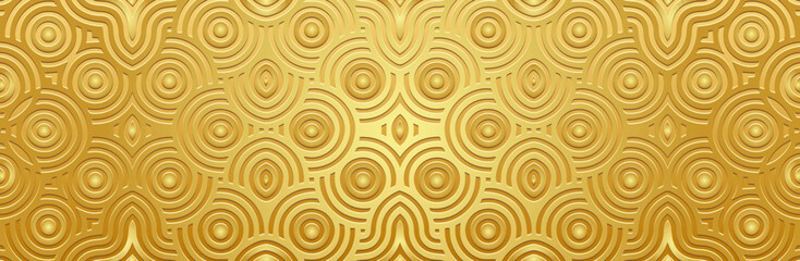 Banner, luxury cover design. Embossed geometric 3d pattern. Golden metallic background. Ethnic boho, current handmade themes of the peoples of the East, Asia, India, Mexico, Aztecs, Peru.
