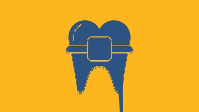 Blue Teeth with braces icon isolated on orange background. Alignment of bite of teeth, dental row with with braces. Dental concept. 4K Video motion graphic animation