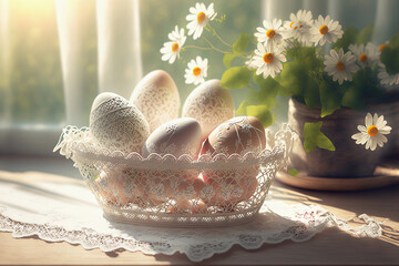 Handmade Easter eggs with white lace floral design and spring flowers