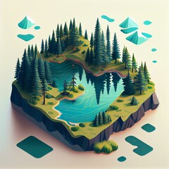 An isometric illustration of a tranquil lake surrounded by mountains and a dense forest. Generative AI