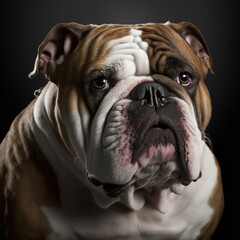 Studio shot with cute bulldog portrait with the curiosity and innocent look as concept of modern happy domestic pet in ravishing hyper realistic detail by Generative AI.