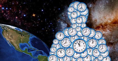  image of the contour of a man filled with many clock faces against the background of a space...