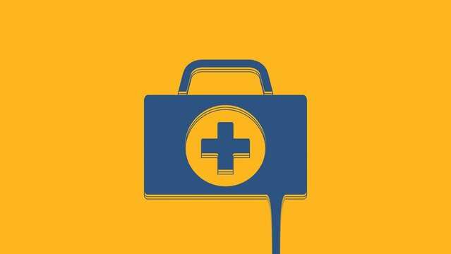 Blue First aid kit icon isolated on orange background. Medical box with cross. Medical equipment for emergency. Healthcare concept. 4K Video motion graphic animation