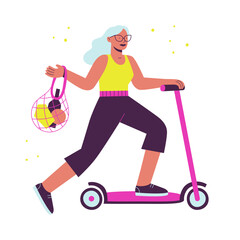 An elderly woman with gray hair rides a scooter with a shopping bag in her hands. Modern fashionable granny is having fun. Active aging. Flat vector illustration of senior active sport.