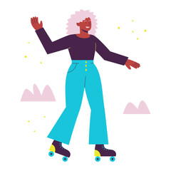 African american elderly woman rollerblading. Modern fashion granny is having fun. Active aging. Flat vector illustration of senior active sport. Silver generation.
