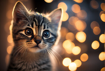 Fototapeta premium Cat Portrait with Bokeh Lights in the Background. Image generated with generative AI