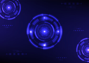 Abstract technology style background, three sets of tech circles with atom symbol shape line in the middle, also with grid and lights