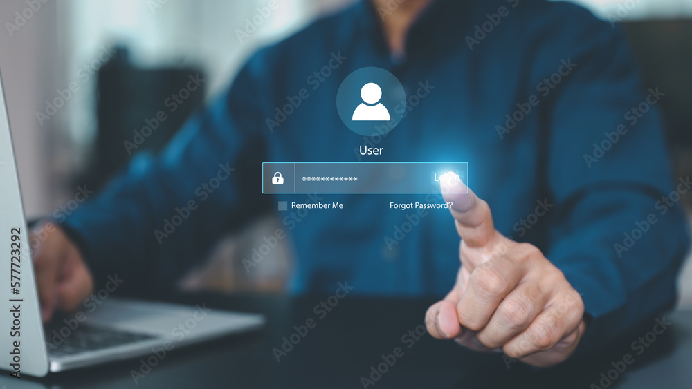 Poster businessman use laptop login register username and password identity on webpage concepts of cyber se