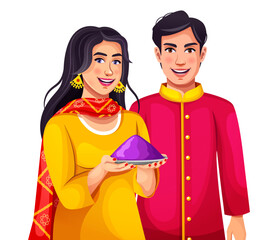 Young happy Indian couple in traditional cloth holding plates full of colors Gulal celebrating Holi, isolated over white background. Character design for banner and poster for sale and promotion.