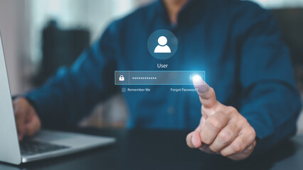 Businessman use laptop login register username and password identity on webpage concepts of cyber security, internet access, join social or personal data protection or forget pass key unlock.