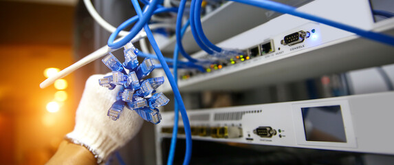 Hand choose lots of RJ45 UTP Cat6 LAN internet network cable fiber optic and Lots of Ethernet cables for data link connect computer server networking devices system to switch or hub modem router.