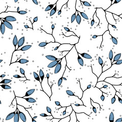 Seamless vector pattern with blue blossom bud and branches on a white background. Hand drawn illustration is romantic and elegant. Beautiful spring apple and magnolia bunch