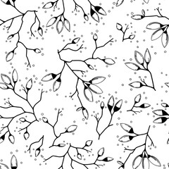 Fototapeta premium Seamless black and white vector pattern with cherry and apple tree bud bloom branches. Elegant and luxurious feminine spring floral illustration is a silhouette ink pen drawing.