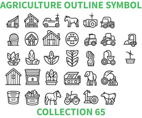Collection of 65 outline symbols representing farming and agriculture