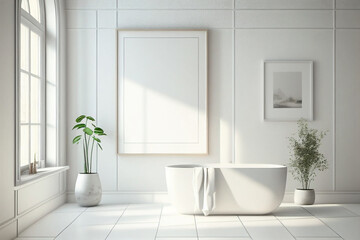 Fototapeta premium Blank picture frame mockup template, bathroom design, clean, minimalist, For wall decor, canvas or poster advertising or marketing.