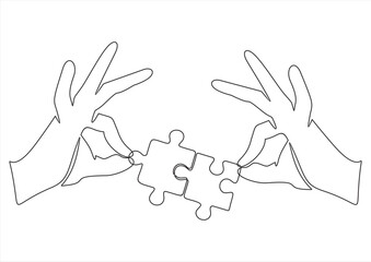 One continuous line drawing of two hands holding puzzle pieces to unite them as sign to start business collaboration. Jigsaw wooden puzzle on white background. Concept of connection