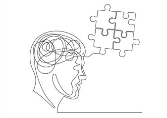 Mental health problem, psychology and business education concept. Vector one line art illustration. Human head profile with jigsaw puzzle by continous line
