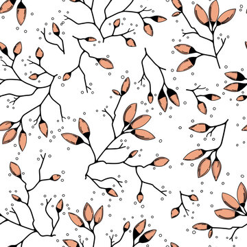 Elegant tree branches floral illustration with peach orange buds and white background. Seamless vector pattern. Feminine and luxurious spring blossom drawing is perfect for textile and surface design.