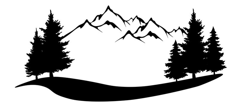 Black silhouette of mountains and fir trees camping adventure wildlife landscape panorama illustration icon vector for logo, isolated on white background.