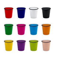 Colored small enamel mug on white background