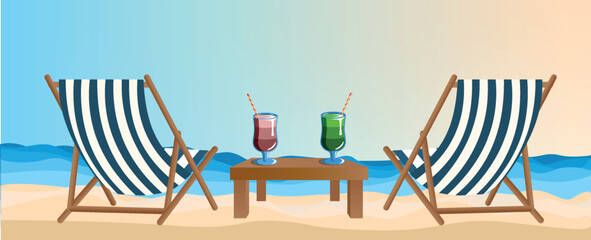Wide banner. Sea coast, two deck chairs cocktails on the beach, sun sea and sand. Summer vacation in hot countries, beach holidays. Banner for advertising tours, travel, vacation