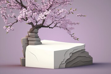 The white square base has cherry blossoms on top. on a purple background Premium podium