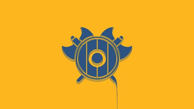 Blue Medieval shield with crossed axes icon isolated on orange background. Battle axe, executioner axe. 4K Video motion graphic animation