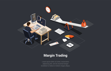 Margin Trading, Risks and Profits Concept. Man Trader Made Profitable Deal With Broker In Long Position. Male Character Trade With Robot Or Assistant At Home. Isometric 3d Cartoon Vector Illustration