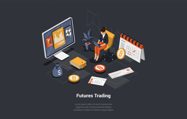 Futures Market Trading, Binary Option, Risk and Profit Concept. Stockbrokers Analyse Global Fund and Finance News. Woman Trader Buy And Sell Futures At Stock Market. Isometric 3d Vector Illustration