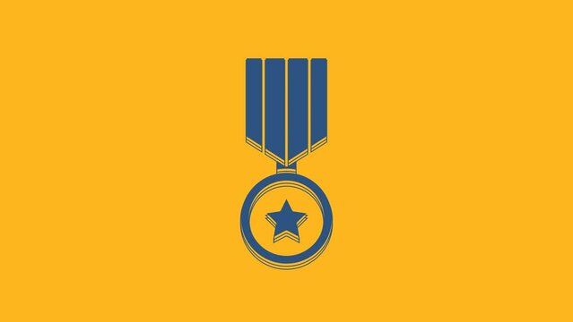 Blue Military reward medal icon isolated on orange background. Army sign. 4K Video motion graphic animation