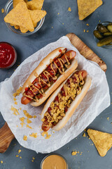 hot dogs with pickles, bacon and nachos on a gray background, selective focus