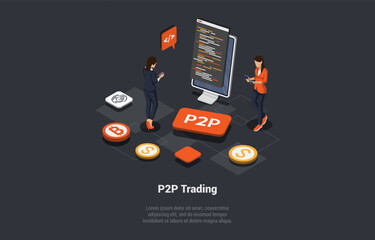 P2P, Peer to Peer Online Platform For Exchanging Cryptocurrency, Financial Technology Concept. Female Characters Use World P2P Platform On Smartphone To Trade Assets. Isometric 3d Vector Illustration