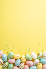 Easter celebration concept. Top view vertical photo of colorful easter eggs and confetti on isolated yellow background with copyspace
