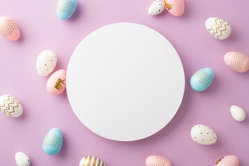 Easter celebration concept. Top view photo of white circle blue pink white and gold easter eggs on isolated pastel violet background with copyspace