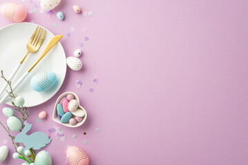 Easter celebration concept. Top view photo of plate cutlery fork knife bouquet with easter eggs heart shaped saucer with candies and confetti on isolated lilac background with empty space