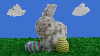 Rabbit on grass with eggs and clouds 2