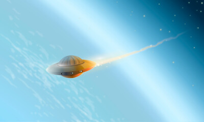 UFO flies into the earth's atmosphere. Alien invasion of earth. Alien spaceship. Illustration