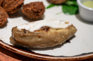 Healthy vegetarian food, vegan falafel balls served with grilles baked eggplant and grilled avocado
