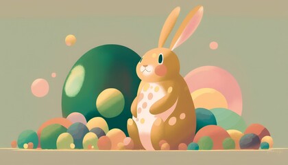 illustration of a big bunny in a green filled with easter eggs, Generative AI