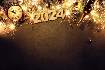 New Year 2024 holiday background with clock, christmas balls, champagne bottle, gift box and lights