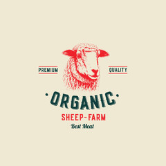 Sheep Meat Farm Retro Badge Logo Template. Hand Drawn Lamb Cattle Face Sketch with Retro Typography. Vintage Steaks Sketch Emblem. Isolated