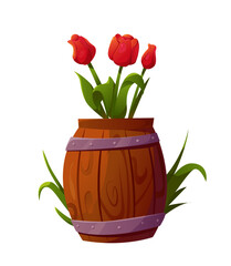 Tulips Grow in a Wooden Barrel. Flowerbed. Bouquet Fresh Shiny Flower. Cute Vector Illustration in Cartoon Style.