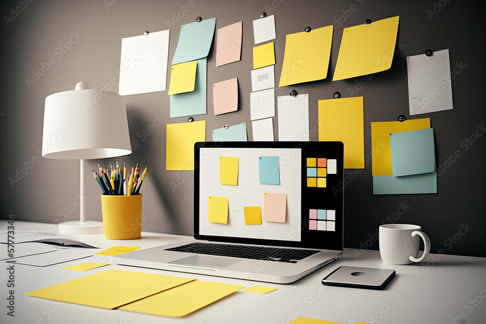 Poster a laptop with lots of notepads and sticky notes. generative ai