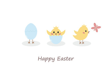 Easter card with cute chickens in flat style. Vector illustration