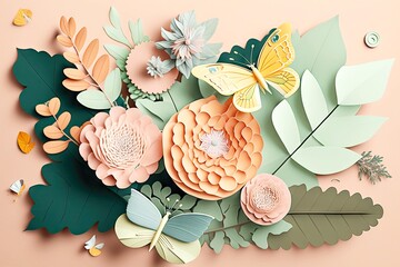 cute pastel color composition with flowers, butterflies and leaves in art paper collage, created with generative ai