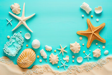Fototapeta na wymiar Summer vacation Seashells and starfish with sand isolated on turquoise background. Generative AI